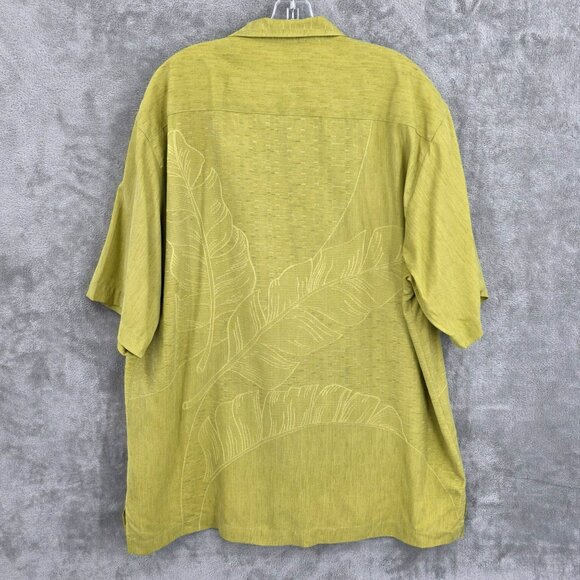 Tommy Bahama Loop Collar Silk Shirt L Yellow Green Tropical Textured Leaf Print - Picture 9 of 10